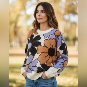 Pink Lily Oversized Floral Flower Power Sweater XS/S 70s Retro Thick Chunky Knit